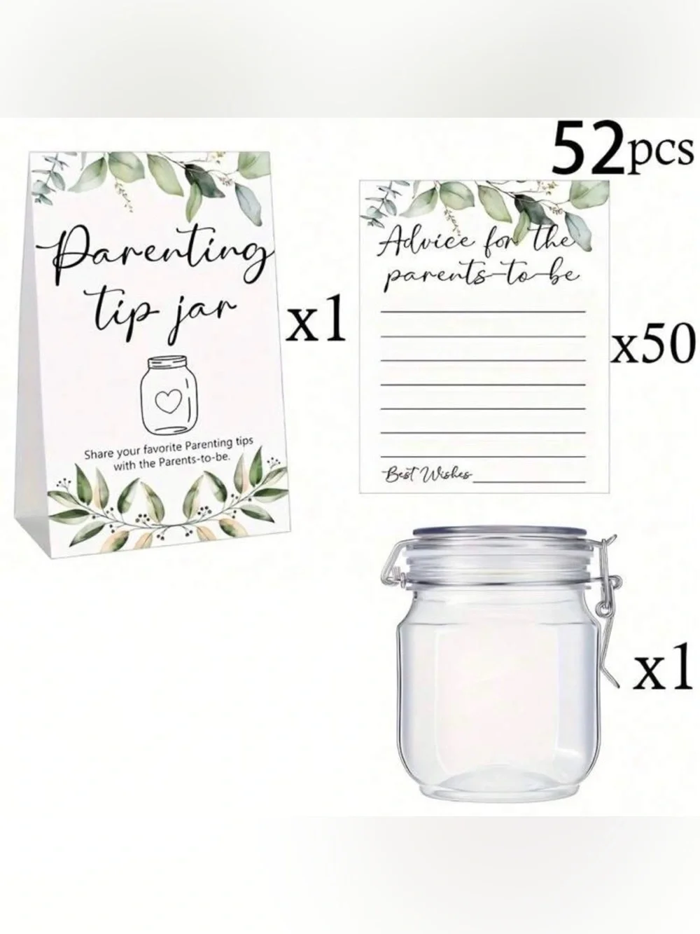 Parenting Tip Jar Cards and Tent Sign - White and Green Baby Shower Set